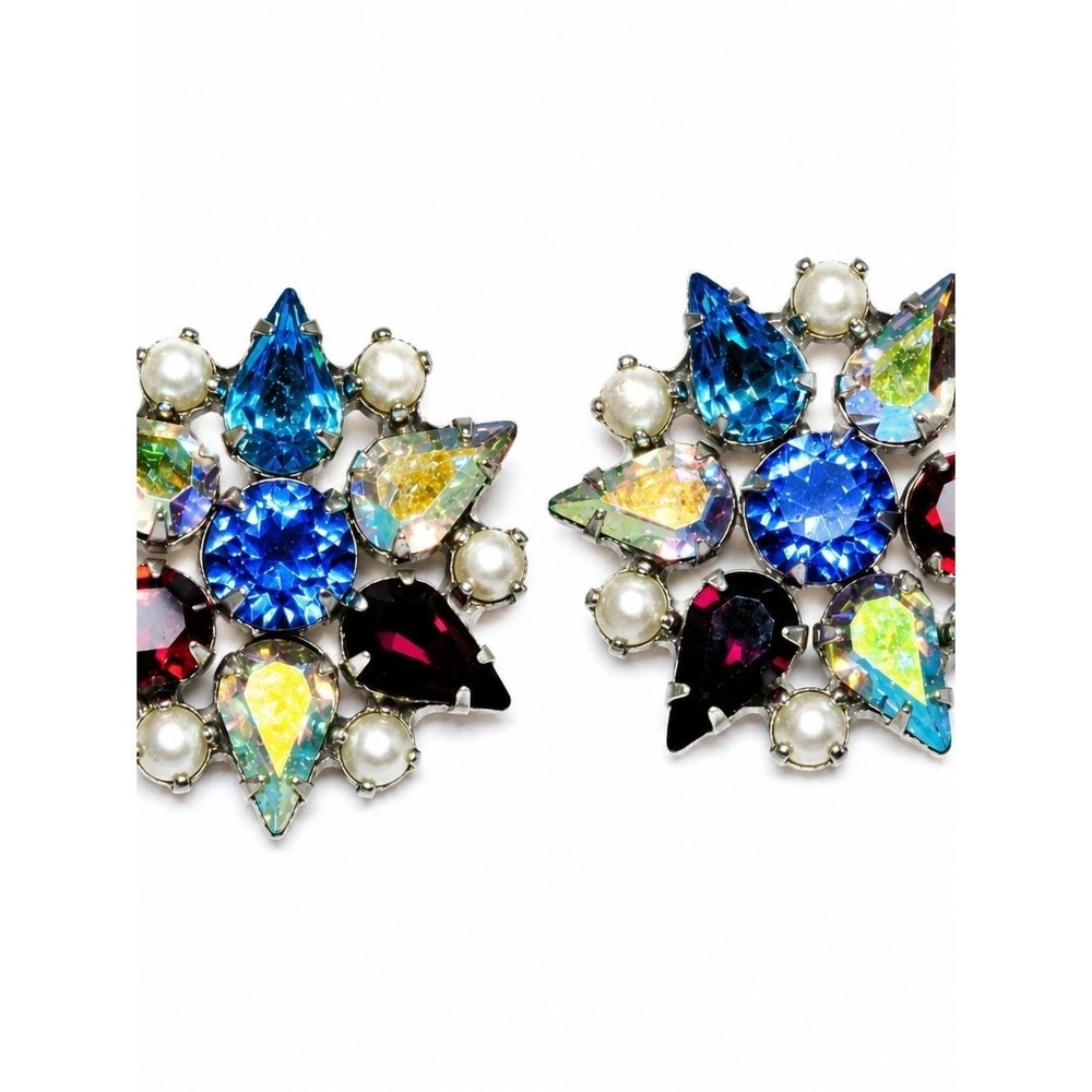 Vintage B. David Rhinestone Clip On Earrings Blue Red Aurora Borealis Pearl - Picture 2 of 5